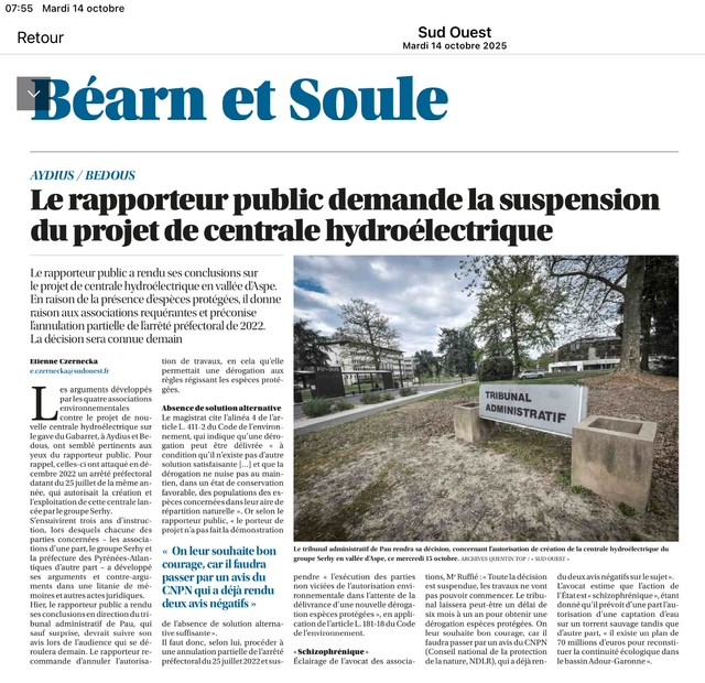 Le rapporteur public demande la suspension du projet de centrale hydroélectrique